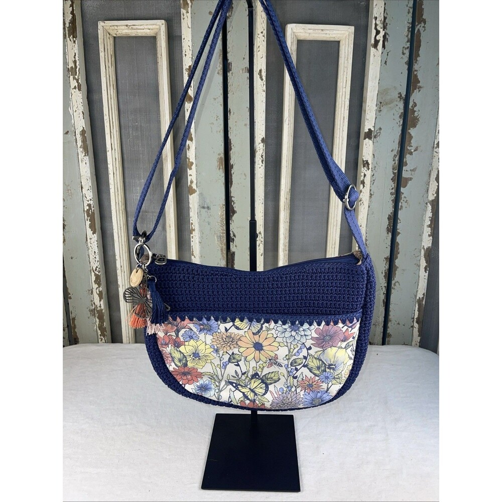 SAKROOTS Navy Blue Butterfly Print Crochet Crossbody Bag wButterfly Charm MINT!!